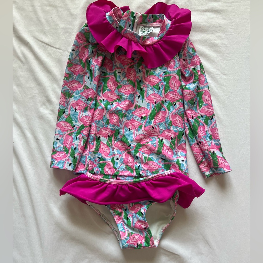 Girls Pink Flamingo Ruffle Rash Guard Swimsuit - Kids Swim